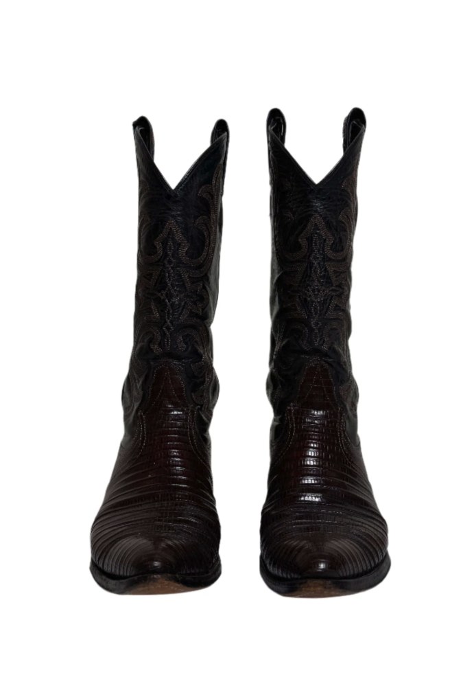 Larry Mahan western cowboy boots displayed showcasing exotic lizard and python skin textures alongside classic embroidered leather