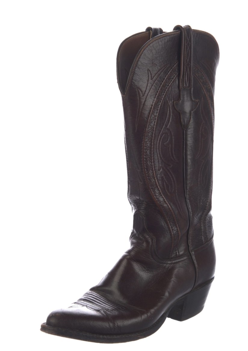 Larry Mahan dark chocolate brown leather cowboy boot with tonal embroidery stitching, single boot side profile view